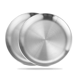 Betinyar Pack of 2 Stainless Steel Round Tableware, Silver Saucer, Stainless Steel Plate, Serving Plate, Stainless Steel Plate for Camping, Kitchen, Party (Silver, 17 cm)