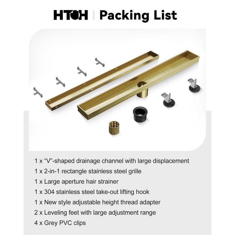 HTOH Gold Shower Drain, 24 Inch Linear Shower Drain with