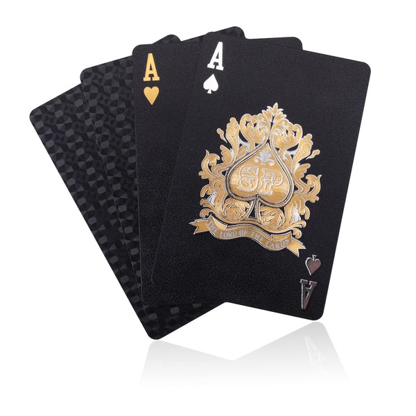 Wadoo 54 Pcs Plastic Playing Cards Black Gold Foil Waterproof and Fade Resistant Durable Playing Cards Cool Magic Party Party Games (Set of 1)