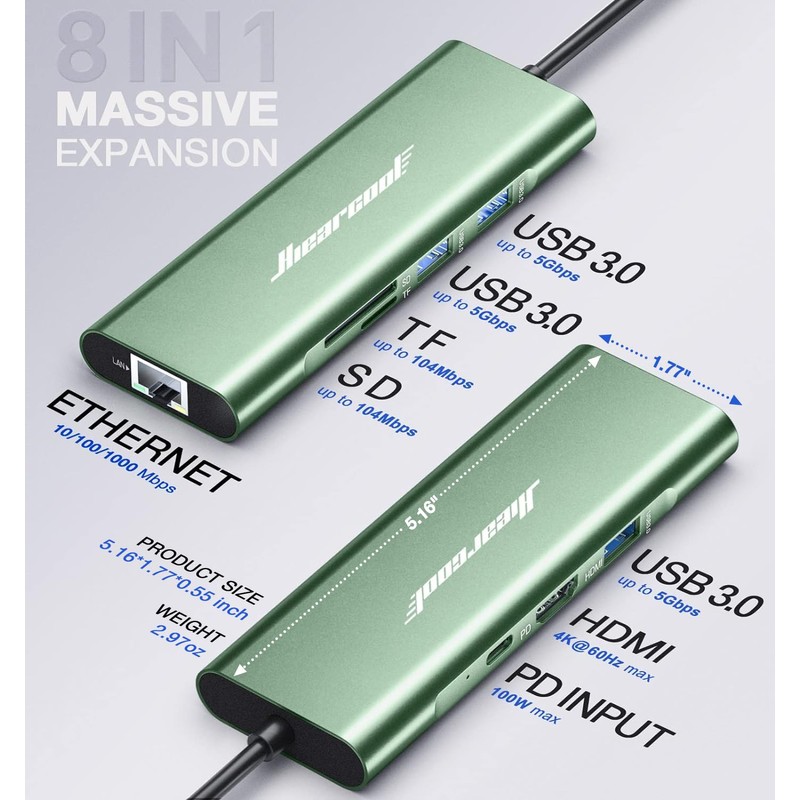 Hiearcool USB C Hub, 8 in 1 USB C Hub