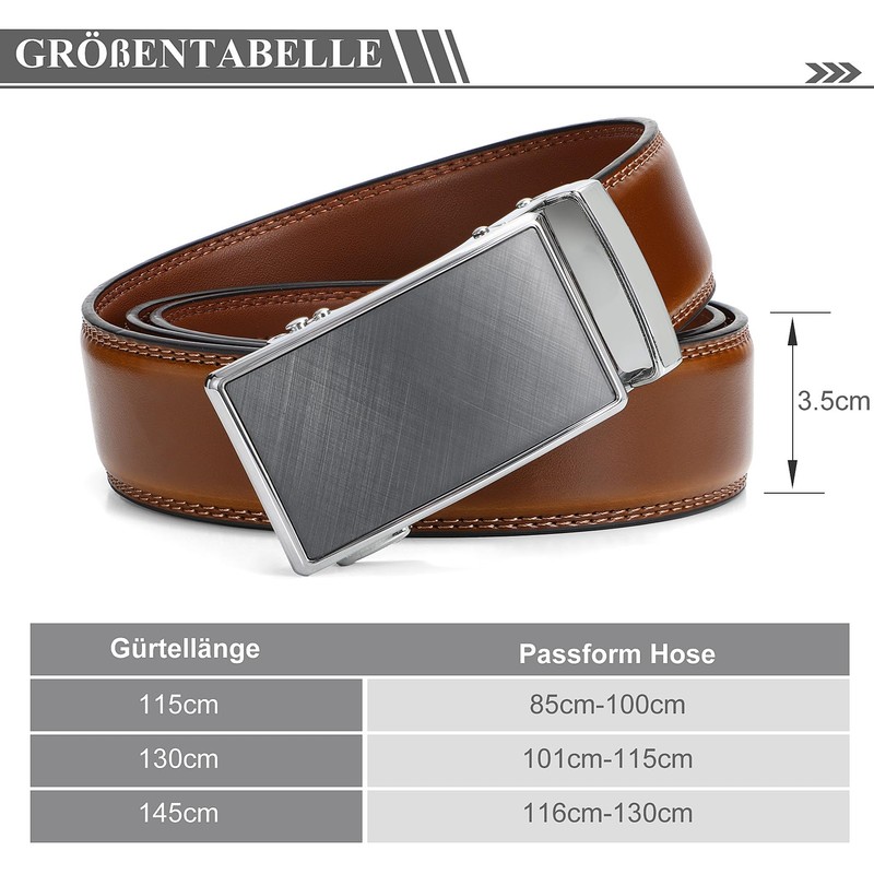 WHIPPY Men's Automatic Leather Ratchet Belt without Holes, Width 35