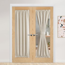 NICETOWN Natural Beige Linen Blended Door Curtain - Thermal Insulated 100% Blackout Privacy French Door Curtain for Patio Sidelight Door Shade for Glass Door, 36 x 72 inches, 1 Panel with Tieback