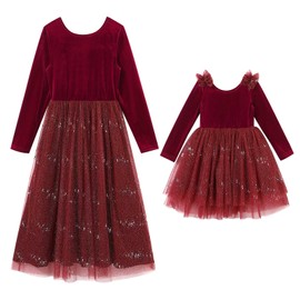 Mommy and Me Christmas Dresses Long Sleeve Sparkle Glitters Layered Tulle Velvet Ruffle Dress Fall Winter Xmas Holiday Party Burgundy Mom Daughter Matching Outfits Photoshoot Burgundy 3-4T