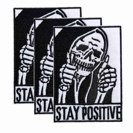3Pieces Stay Positive Thumbs-up Skull Iron On Sew On Patch, Embroidered Patch Emblem Badge for Clothes Hats Bags Shoes Backpacks Jeans