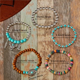 JHJEWH Western Bracelets for Women,Cowgirl Turquoise Beaded Stretch Bracelets,Stackable Bull Head Cowboy Boots Feather Bracelets Set,Western Cowgirl Jewelry Accessories for Women