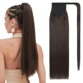 SEGOHAIR Wrap Around Ponytail Human Hair Clip in Ponytail Hair Extensions, 18 inch Long Straight One Piece Clip in Hairpieces Remy Real Human Hair-Darkest Brown