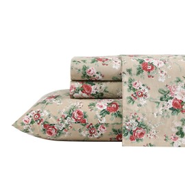 Laura Ashley - Twin Sheets, Cotton Percale Bedding Set, Lightweight & Breathable Home Decor (Ashfield Beige, Twin)