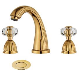 Shiny Polished Gold Widespread Bathroom Sink Faucet,Two Crystal Handle Three Hole Brass Lavatory Vanity Faucet,8-16 Inch Basin Mixer Tap with Pop Up Drain Assembly