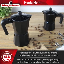 Magefesa Kenia Noir Stovetop Espresso Moka Pot, 12-Cup/20 oz, Italian Coffee Maker for Cuban Coffee, Extra-Thick Aluminum, Heat-Resistant Handle, Safe & Easy-to-Use, Greca Coffee Maker