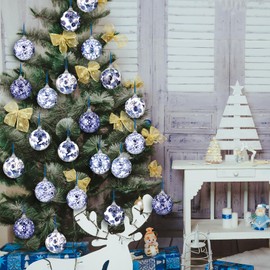 Poen 12 Pcs Christmas Chinoiserie Ball Ornaments Blue and White Chinoiserie Tree Decoration Christmas Tree Hanging Ornaments Chinoiserie Fabric Wrapped Xmas Decor (3.15 Inch)