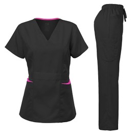 Dagacci Medical Uniform Medical Uniform Women's Scrubs Set Stretch Contrast Pocket Black M