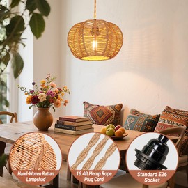 Eqquorva Hanging Lights with Plug in Cord Rattan Hanging Lamp Boho Ceiling Light Fixtures Farmhouse Pendant Lamp Shape for Living Room Bedroom Kitchen