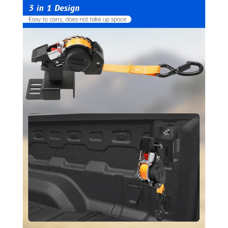 2 Pcs Dual-Pivot Retractable Truck Bed Ratchet Straps, Multi-Angle Rotation