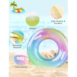 Pukitt Adult Swimming Ring, Rainbow Sequins Swimming Ring with Handle, Transparent Floating Ring, Durable Inflatable Pool Swimming, Swimming Ring Tube for Summer Pool Party