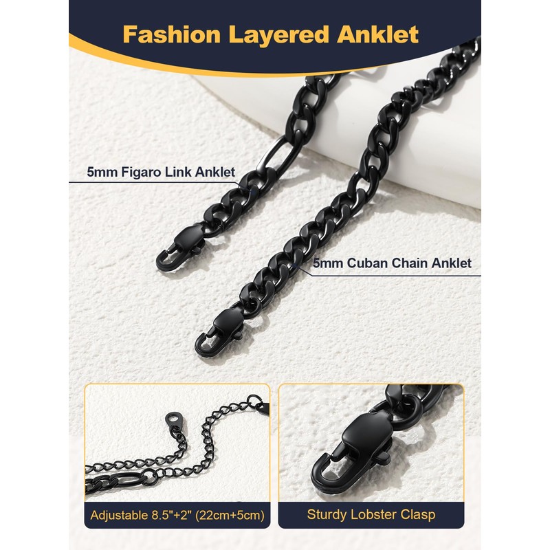 Black Chain Anklets Sets 5mm Cuban Link Anklets for Women