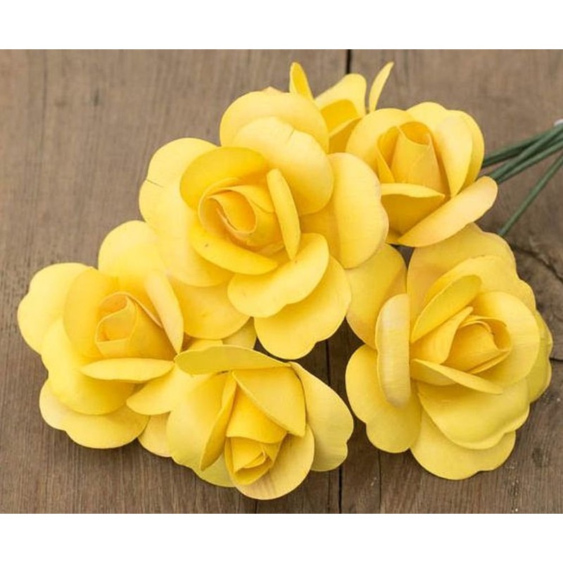 6 Yellow Full Open Bud Wooden Roses for Crafts Custom