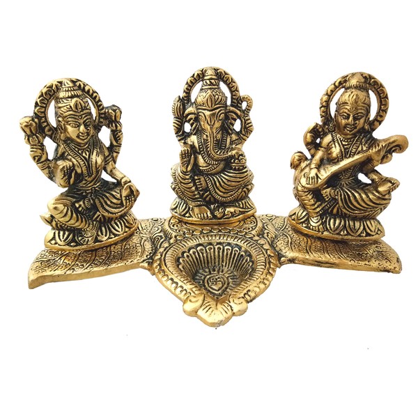 Trendy Crafts Laxmi Ganesh Saraswati Idol - Decorative Platter with Diya Antique Showpiece Set for Worship,Gift and Home Décor