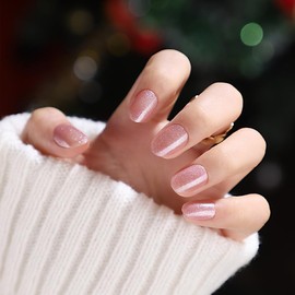 Press on Nails 24pcs, False Nails Glitter Pink, Fake Nails in 12 Sizes, Short Stick on Nail, Full Cover Press on Nail Short for Women