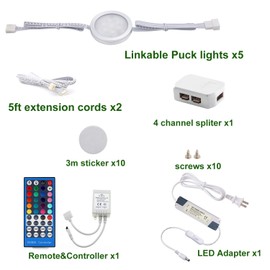 AIBOO 24V Round Color Changing Puck Lights Kit,Multicolor Under Counter Lighting Kit Linkable for Kitchen,Cabinet,Showcase,Display,Bedroom with 40 Key Dimmable Remote,12W 5 Packs RGB+Warmwhite RGBWW