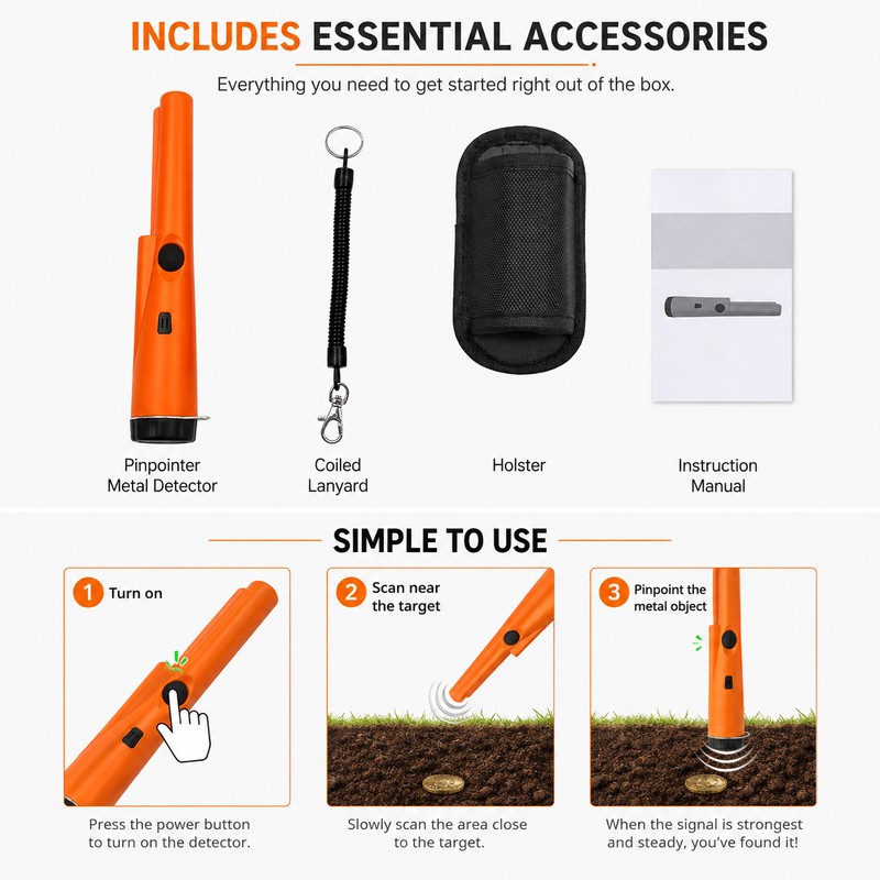 Handheld Metal Detector Pinpointer for Treasure Hunting – 360° Side