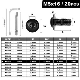 XRXYMQ Pack of 20 M5 Screws Black Flat Head Screws M5 x 16 mm Stainless Steel A2 V2A Screws Torx with Flange Screws Pan Head Screws with Torx Key and Drill for Maintenance and Architecture