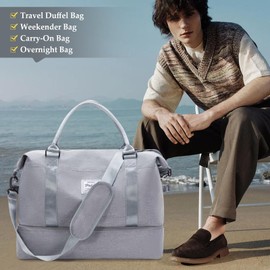 Travel Bag for Men Women, Duffle Bags for Travel, Carry on Weekender Overnight Travel Duffel Bag with Shoe Compartment & Wet Pocket,Grey&White