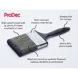 ProDec 4 inch Shed and Fence Brush for Applying Woodstains, Timber Treatments, Varnishes on Exterior Outdoor Wood Surfaces, Buildings, Furniture Ideal For Smooth Planed and Rough Sawn Timber, 4" 100mm