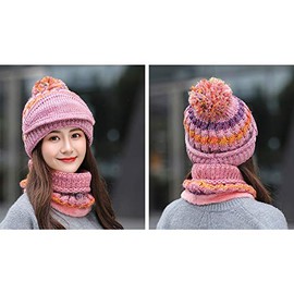 3 In 1 Women Knitted Hat Circle Scarf Mask Set Fleece Pom Pom Beanie Hat Neckwarmer Full Warm Mask Earflap Thermal Winter Cycling Balaclava Skull Cap Windproof Ski Hood Hat