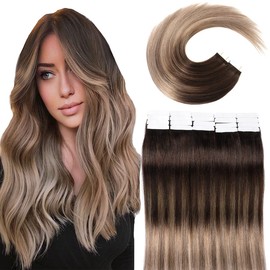VINBAO Tape In Hair Extensions Human Hair Ombre Balayage Color 2/6/18 Ash Blonde Extensions Real Hair Glue In Extensions 50 Grams 20pcs Tape Hair Extensions Straight Hair Extensions (T14Inch, #2/6/18)