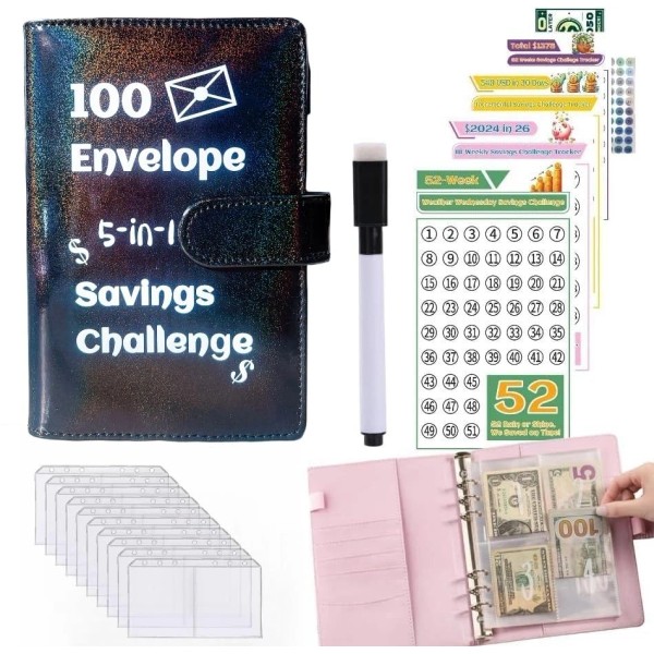 BloomingBoom 100 Envelope Challenge Binder 5-in-1 Budget Planner Shining Silver