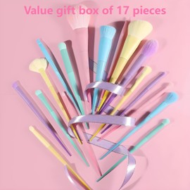 17Pcs Candy Colour Makeup Brush Set - Vegan Macaron Blush & Powder Brushes with Eco Birch Handles | Pro Contour, Eyeshadow, Blending Kit for Beauty Lovers