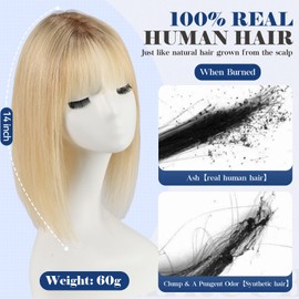 HAIRCUBE Human Hair Toppers For Women 6"*5" Large Base Real Human Hair With Thinning, 14 Inch For Hand-Woven, 60g, Use Daily, Hairloss, Ombre Light Blonde, With Bangs