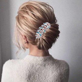 Wendalern Wedding Rhinestone Hair Clips, Blue Leaf Hair Clip, Crystal Hair Clips, Headpiece, Gold CZ Leaf Hairpiece, Decorative Hair Accessories for Women and Girls