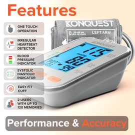 Konquest KBP-2704A Automatic Upper Arm Blood Pressure Monitor - Large Adjustable Bp Cuff - Large Backlit Display - Irregular Heartbeat Detector - Tensiometro Digital - Monitor for Home Use bp