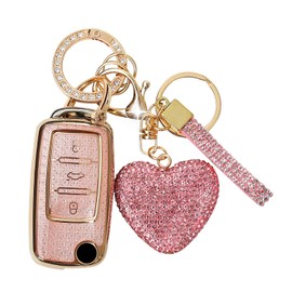 Car Key Case Cover with Diamond Bling Key Fob Made of Soft TPU, 3 Buttons Key Box for VW Golf Polo Passat Skoda Fabia Leon Ibiza Jetta Beetle Multivan T5, pink