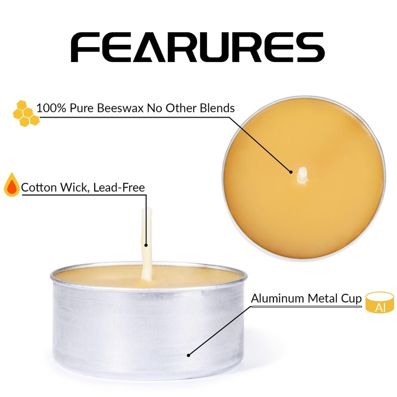 Natural Beeswax Tealight Candles in Metal Aluminum Cup - Organic