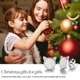 ✦Earrings for Women✦ Esberry 14k Gold Earrings Sterling Silver Opal Cat Stud Earrings Cat with Natural Stone Gifts for Women.(White Gold-White Opal)