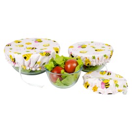 Handmade Reusable Cotton Fabric Bowl Covers - Two Layers of Fabric (Set of 3, Bees on Pink)