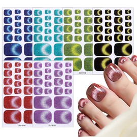 6Sheet/132Pcs Glitter Cat Eye Toe Nail Stickers Full Cover Gel Nail Wraps Strips Toenail Stickers Colorful Stick On Nail Polish Sticker for Toes Sticker Nails Self Adhesive 22Tip Toenail Nails Decals