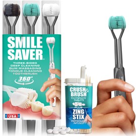 SMILE SAVER 360° Deep Clean 3-Sided Toothbrush 3PK + Toothpaste Tablets + Flavor Infused Toothpicks | Deep Cleaning + Gum Massage + Tongue Scraper (Black, Teal & White - Charcoal - Peppermint)