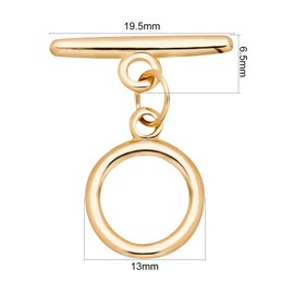 BENECREAT 10 Sets 18K Gold Plated Brass Toggle Clasps Flat Round Toggle Clasps Connectors(Ring: 13x1.5mm) for Necklace Bracelet Jewelry Making