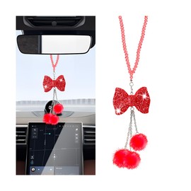 KHGUZ Bling Car Rear View Mirror Hanging Accessories, Crystal Rhinestone Bowknot Vehicle Rearview Charms, Diamond Plush Ball Automotive Interior Ornament Pendant, Universal Fit (Red)