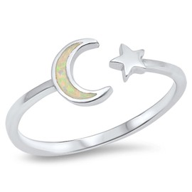 Open Moon Star White Simulated Opal Cute Ring New .925 Sterling Silver Band Size 6