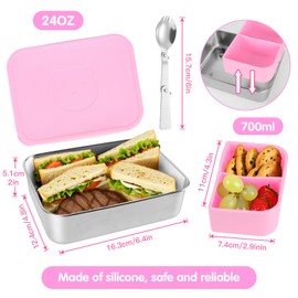 Edelstahl Kinder Brotdose mit Silikondeckel, Brotdose mit Fächern 1 Löffel Edelstahl, BPA Frei Bento Box, Auslaufsichere Snackbox Schule Kindergarten Ausflug, Frühstücksbox Kinder, Spülmaschinenfest