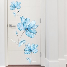 Ink Style Light Blue Flowers Wall Stickers, sacinora Lotus Peony DIY Floral Art Wall Decals Removable Vinyl Peel and Stick for Living Room Bedroom Nursery Toddler Room Decorations