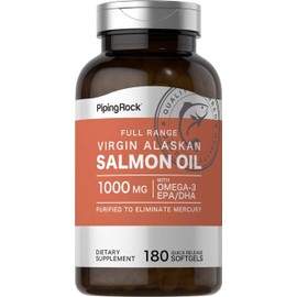Piping Rock Salmon Oil Supplements for Humans 1000mg | 180 Softgels | Virgin Wild Alaskan Full Range | Non-GMO, Gluten Free