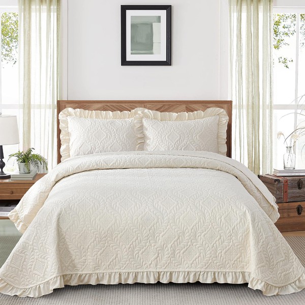 DJY Quilt King Size Bedding Sets, Beige Ruffled Lightweight Soft