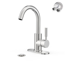 Phiestina Bathroom Sink Faucet,Single-Handle Bathroom Faucet with 4 Inch Deck Plate and Metal Drain, Fit for 1 or 3 Hole Installation, 360 Degree Rotation Spout, Brushed Nickel, WE08E-BN