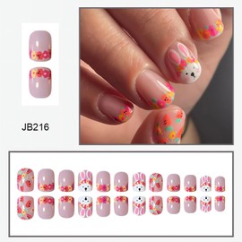 SINSEN Easter Press on Nails Short Square Fake Nails Full Cover Pink Rabbit Carrot False Nails Wreath French Tip Acrylic Nails Pink Easter Day Stick on Nails Glossy Cute Stick on Nails for Women