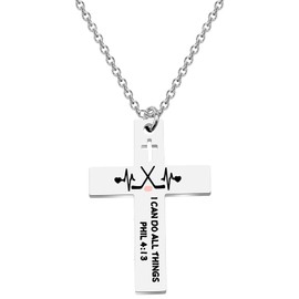 BEKECH Sports Athletes Necklace Christian Faith I Can Do All Things Phil 4:13 Football Basketball Hockey Heartbeat Cross Pendant Necklace Jewelry for Player Sport Fan Coaches (hockey silver)
